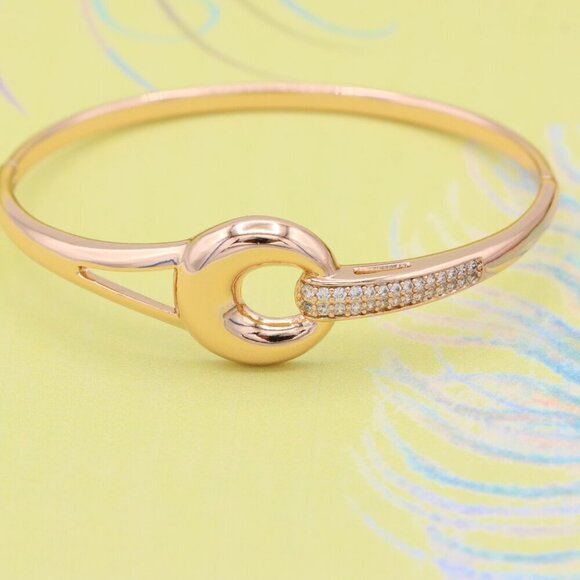 Elegant Rose Gold Bangle with Statement Circle Accent & Crystals, XPBL0422 - Picture 4 of 12